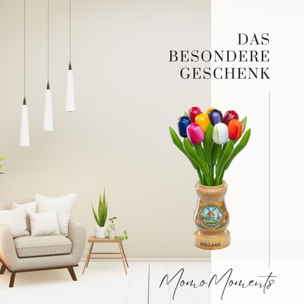 9 Holztulpen, 20 cm hoch in Natur Holland Holz Vase mit Delfter-Windmühle, Tulpen handbemalt, Blumenstrauß, Dekoration, Made in Holland